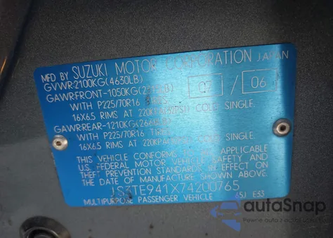 2007 Suzuki Grand Vitara z USA, uszkodzony, nr VIN JS3TE941X74200765